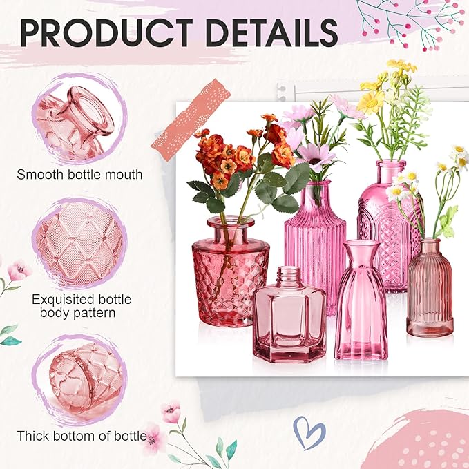 Yaomiao 30 Pcs Vases Bulk Colored Flower Glass Christmas Vases Bud Vintage Colored Glass Bottles Colorful Rustic Embossed for Home Wedding Table Decorations Gifts(Pink Series)