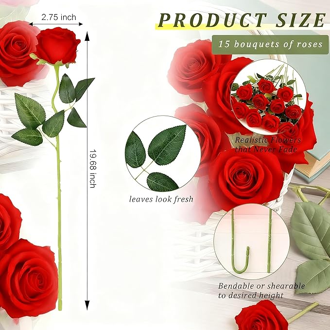 Red Roses Artificial Flowers 15 PCS, Fake Roses Silk Flowers with Long Stems, Faux Rose for Wedding Centerpieces, Home Decor, Indoor Floral Arrangements, Party Decor, DIY Bouquet (Red)