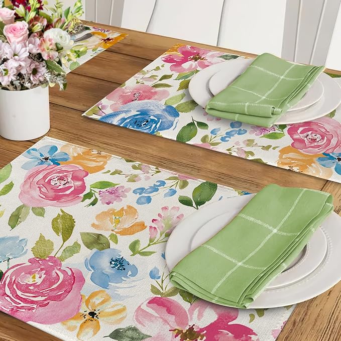 Seliem Spring Summer Floral Flower Placemats Set of 4, Watercolor Peony Leaves Dining Table Place Mats, Seasonal Kitchen Decor Home Decoration 12 x 18 Inch