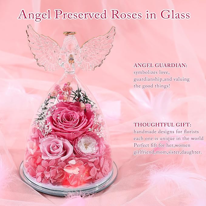 FIACO Gifts for Women Preserved Rose Forever Flower in Glass Angel Figurine Fresh Flowers for Delivery Mothers Day Birthday Gifts for Mom Grandma Wife Sister Pink