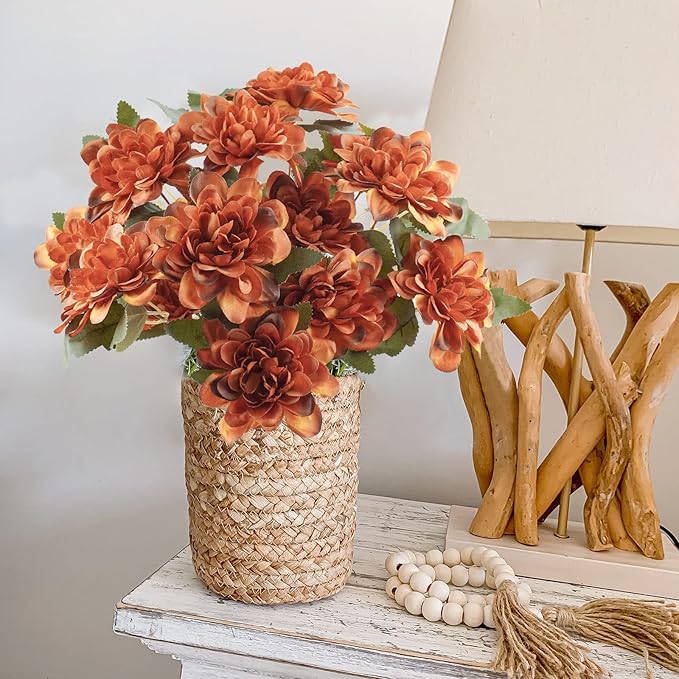 Uieke 6PCS Artificial Daisy Mums Flowers with Stem, Burnt Orange Silk Flowers Arrangement for Home Party Fall Wedding Bouquet Thanksgiving Table Centerpieces Decor (Vintage Terracotta)