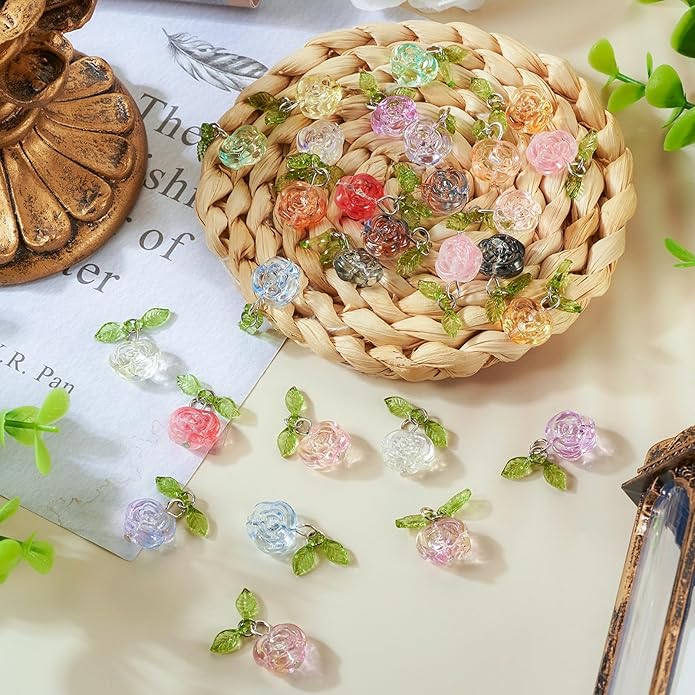 Beadthoven 28pcs Crystal Glass Rose Flower Charms 14 Colors Glass Flower Pendants Mini Rose Dangle Charms Jewelry Making Findings for DIY Earrings Bracelets Necklaces Women