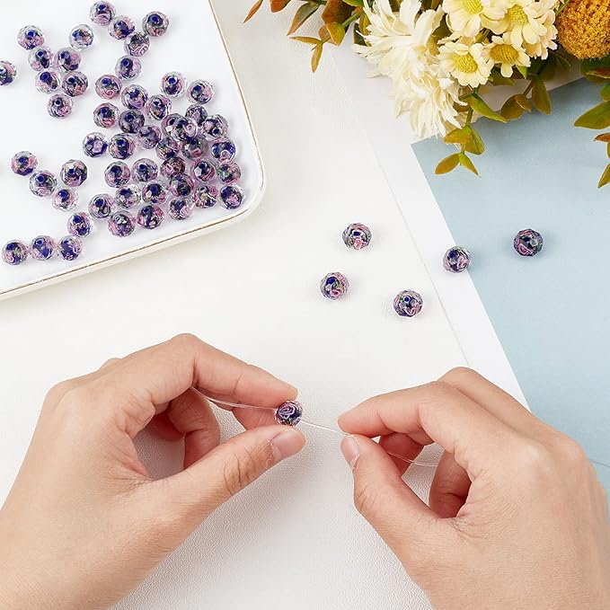 PH PandaHall 60pcs 8~10mm Midnight Blue Rose Lampwork Beads Gold Sand Glass Beads 2mm Hole Flower Glass Beads Floral Handmade Lampwork Beads Round Loose Beads for Rosary Making Jewelry Craft Making