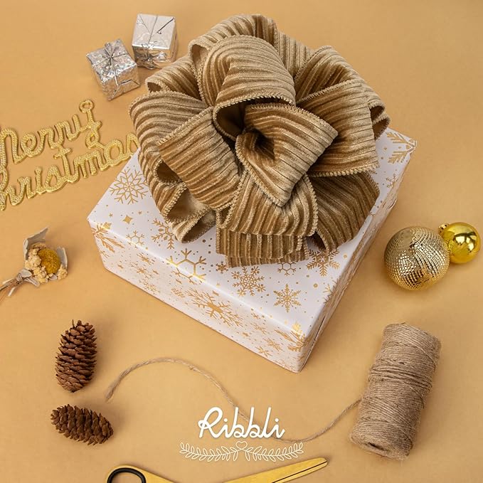 Ribbli Glossy Khaki Velvet Wired Ribbon 2.5 Inch Striped Velvet Christmas Ribbon for Gift Wrapping Christmas Tree Decoration Crafts Wreaths Supplies-Continuous 10 Yards