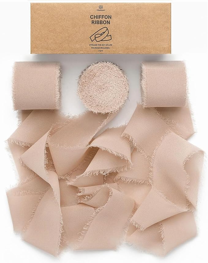 Vitalizart Nude Handmade Chiffon Silk Ribbon Fringe 3 Rolls 1.5" x 21 Yd Brown Frayed Edges Ribbons for Wedding Invitations Bridal Bouquets Gifts Wrapping Crafts Holiday Decor