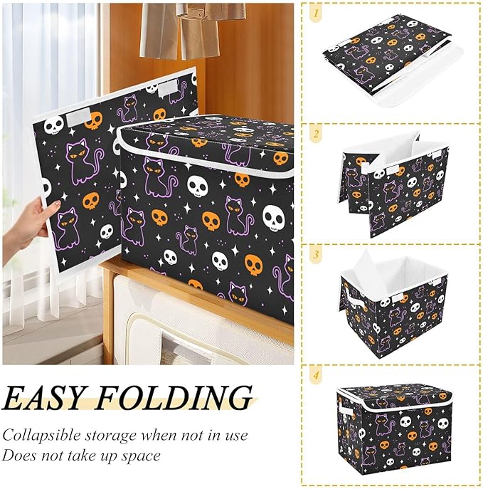 senya Halloween Storage Baskets Collapsible Storage Bins with Lids, Halloween Colored Skulls Black Cat Storage Boxes Clothes Baskets for Organizing, B06D22020