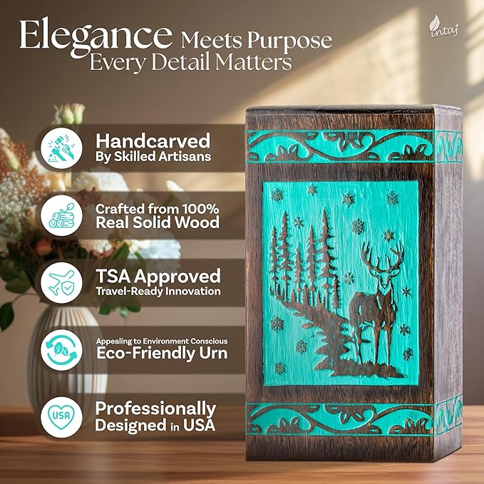 INTAJ Handcarved Rosewood Teal Green Deer Keepsake Urn for Human Ashes - Mini 20 lbs Forest Wooden Cremation Urn Box for Sharing Infant - Decorative Wildlife Memorial Casket Secure