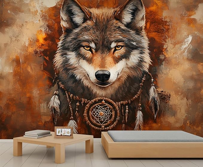Wolf Dreamcatcher Wall Mural, Tribal Wolf 3D Wall Murals, Feathers Dreamcatcher Animal Totem Wallpaper Mural, for Living Room Bedroom Large Wallpaper Indoor Decor 197" W x124.8 H