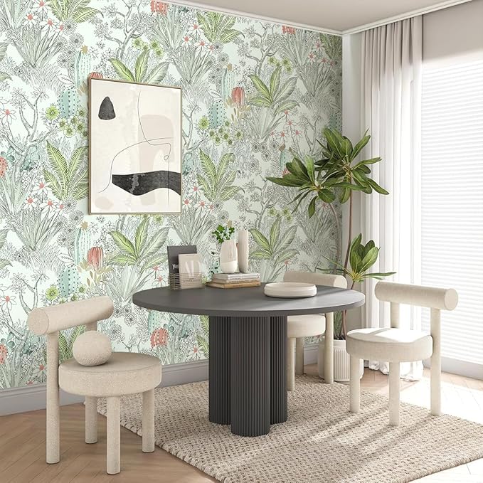 Wudnaye Boho Peel and Stick Wallpaper Catus Wallpaper 17.7" x 196.8"Vintage Floral Wallpapers Peel and Stick Botanical Removable Wall Paper Boho Self Adhesive Contact Paper for Bathroom Cabinets