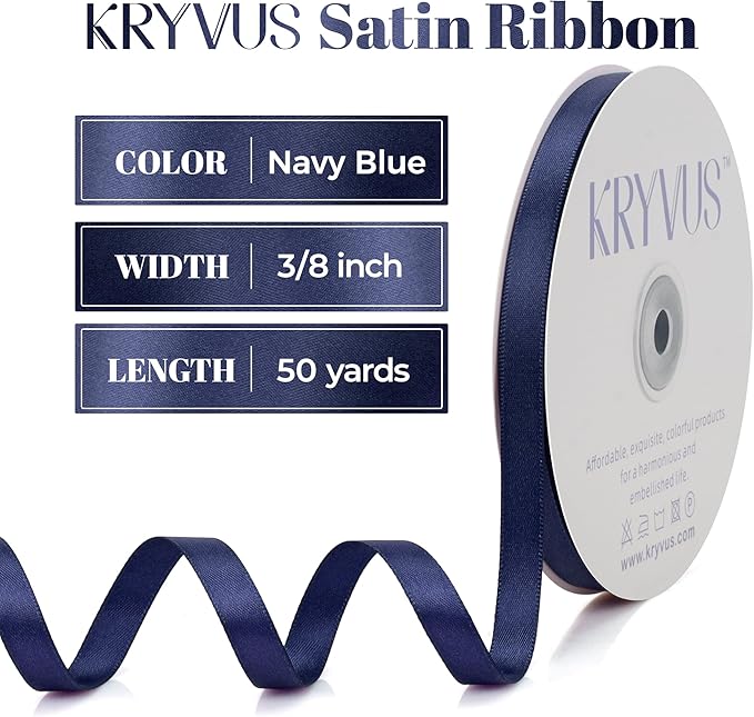 Navy Blue Satin Ribbon, Double Faced 3/8 Inch X 50 Yards Navy Blue Ribbon, Premium Satin Ribbon for Gift Wrapping, Crafts, Hair Bow Making, Sewing, Flower Bouquet, Wedding Party Decor