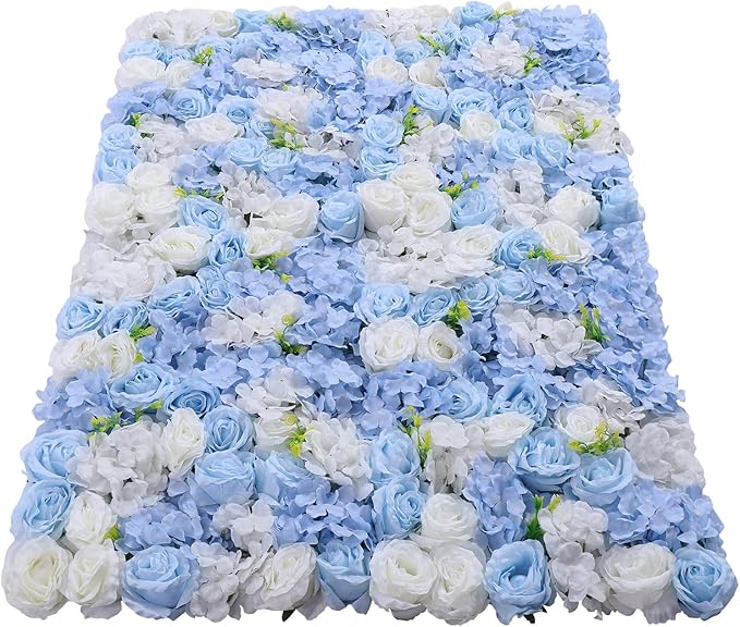 4pcs 3D Artificial Flower Wall Panels - Blue White Backdrop 24 x 16 Inch - Realistic Fake Flower Background Decor for Wedding, Birthday Party and Baby Shower