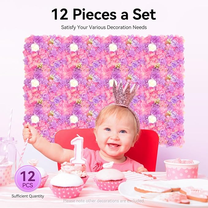 12 Pcs White Flower Wall Flowers Backdrop Artificial Flower for Backdrop Flowers Decoration 3D Floral Panels for Wall Decor Home Party Wedding Room Decoration (38x38cm/White+ Purple+ Pink)