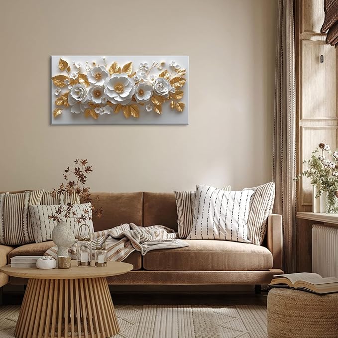 IDAFU Flower Wall Art White Foral and Golden Leaves Wall-décor White Wall Art Floral Painting Pictures for Living Room Bathroom Bedroom Kitchen Office Cuadros Decorativos Para Sala Decor 30L x 16W