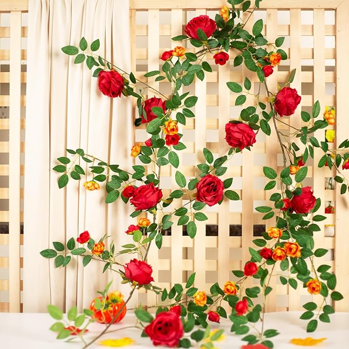 6FT Bendable Flower Garland, Artificial Rose Vine Hanging Floral Garland Decoration for Weding Home Room Wall Decor (Red, 2pcs)