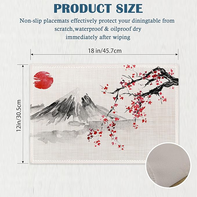 Japanese Cherry Blossom Placemats Set of 4, Sun Fuji Mount Place Mats Heat Resistant Washable Non-Slip Table Mats for Party Kitchen Dining Decor 12x18 Inch