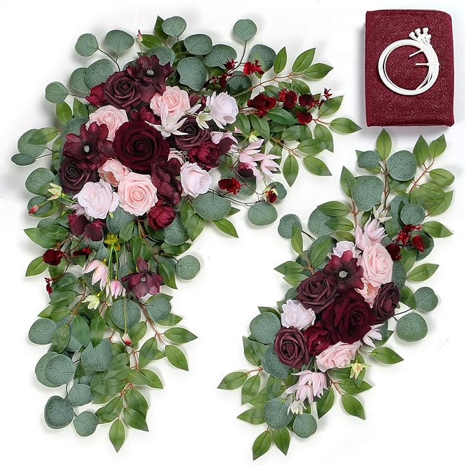 Ponatia Burgundy Wedding Artificial Arch Flowers Kit (Pack of 3) With 26Ft Shiny Arch Draping Fabric for Ceremony and Reception Backdrop Decoration (Burgundy & Blush)