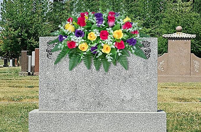 Artificial Cemetery Flowers Saddle-Shaped Tombstone Decorations Non-Fading UV-Resistant（Yellow+Purple+Brilliant Red Saddle）