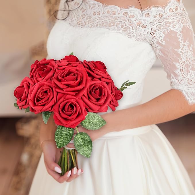 Mocoosy 50 Pcs Artificial Flowers Red Roses Bulk, Real Looking Fake Foam Roses with Stems DIY Wedding Bouquet Floral Arrangement Bride Shower Centerpieces Valentines Day Christmas Tree Decorations