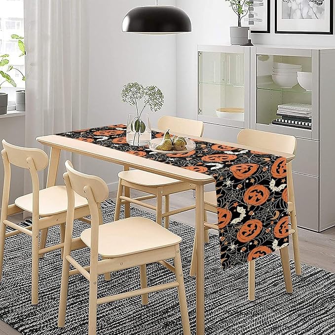 Bat Table Runner,Halloween Pumpkin Spider Web Table Runner for Home Kitchen Table Dining Garden Farmhouse Wedding Party Decor 13x108 Inch