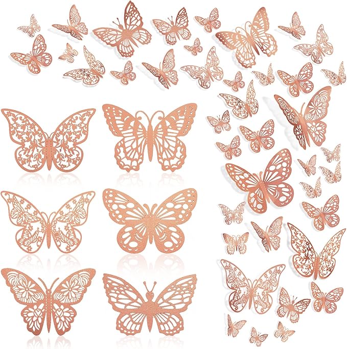144 Pcs Rose Gold Butterfly Stickers 3D Butterflies Wall Decals Glitter 6 Styles and 3 Sizes Decorative Wall Stickers Butterfly Party Decorations, Butterflies for Cake Decorating
