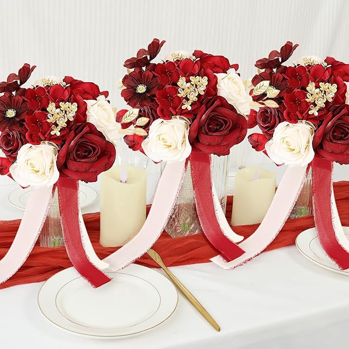 Bridesmaid Bouquets for Wedding, 9 Inch Luxury Artificial Flowers Bouquets for Ceremony Anniversary Centerpieces Decorations -Burgundy & Gold & White