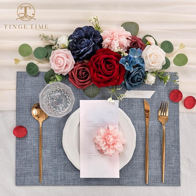TINGE TIME Artificial Flowers Combo Mix Silk Flowers Pink Roses w/stem for DIY Wedding Bridal Bouquets Baby Shower Floral Arrangement Table Centerpieces Home Decorations (Red & Navy Blue & Pink)