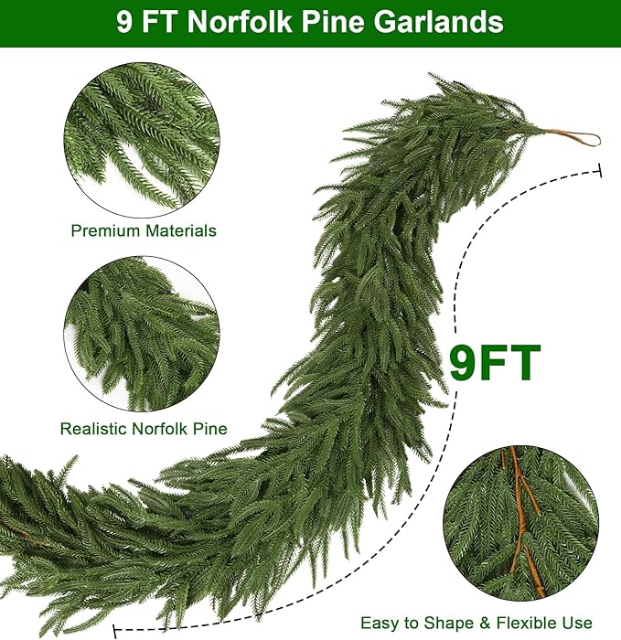 9ft Artificial Christmas Garland, Realistic Norfolk Pine Greenery Garland for Fireplace Mantel, Table, Doorframe, Indoor Outdoor Xmas Holiday Decoration, Real Touch Full Cedar Pine Garland