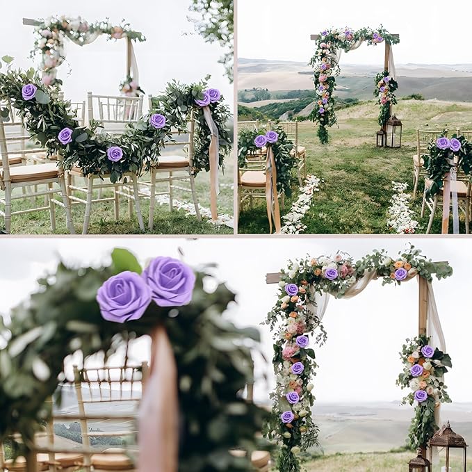 50PCS Artificial Flowers Purple Roses Real Looking Foam Fake Roses with Leaves and for DIY Wedding Bouquets Bridal Shower Centerpieces Party Decorations (Purple, 50)