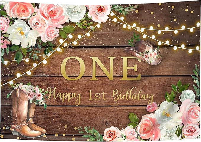 SVBright Cowgirl First Birthday Backdrop 8Wx6H Western Rustic Country Retro Wooden Plank Pink Flower Wood Hat Happy Birthday Baby Shower Decorations Photography Background Banner Photo Booth Studio