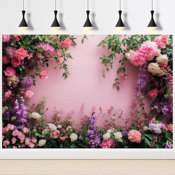Flowers Photography Backdrop Colorful Flowers Composition Green Leaves on Pink Background for Girls Kids Children Wall Banner Cake Table Decoration Video Studio Photo Portrait Props 10x6.5ft