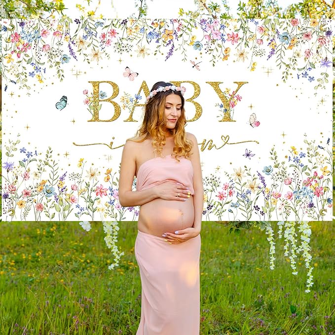 Avezano Baby in Bloom Backdrop Wildflower Baby Shower Party Decorations Watercolor Floral Baby in Bloom Banner Gold Glitter Butterfly Photography Background Cake Table Banner 70.8 x 43.3 Inch