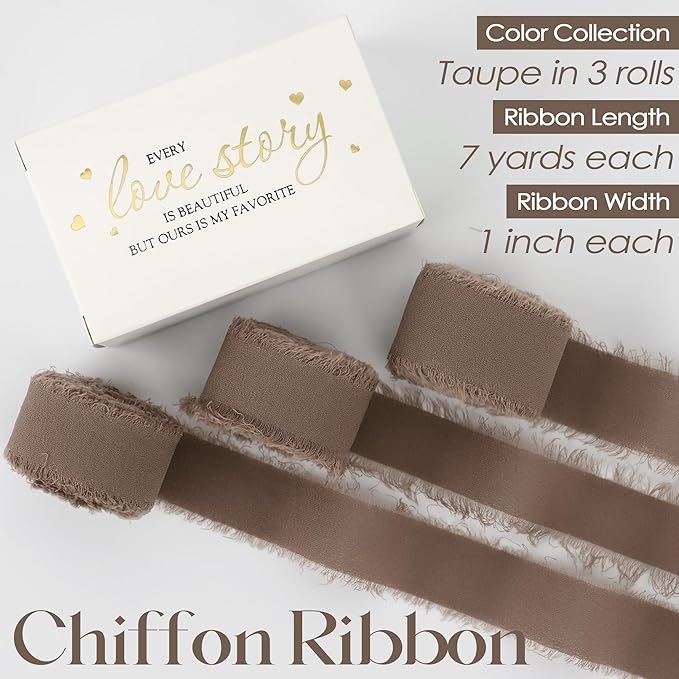 MEEDEE Taupe Chiffon Ribbon 1 Inch Brown Frayed Ribbons Brown Chiffon Silk Fringe Ribbon Thin Chiffon Ribbons for Crafts, Gift Wrapping, Wedding Invitation (3 Rolls 21 Yards)