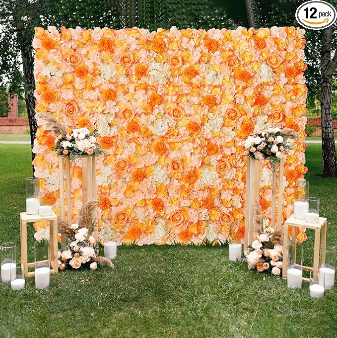 Orange Floral Wall Panel for Wedding Backdrop - 5ftx3.74ft Artificial Flower Backdrop - Fake Wall for Party Decor Birthday Party Stage Photoshoot Background
