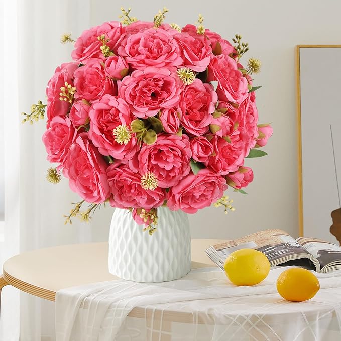 8 Packs Artificial Peonies Silk Flowers: Faux Peony Bouquet 8 Bundles, Fake Peonies Flowers Bulk for Centerpiece Table Wedding Party Home Decor for Christmas Decoration (Rose Red)