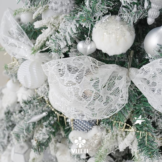 MEEDEE 6 Inch Wide Wired Ribbon White Glitter Mesh Web Wired Edge Ribbon by 10 Yards Roll White Mesh Wired Ribbons for Christmas Tree, Garland, Holiday Crafts, Bows, Centerpiece, Gift Wrapping