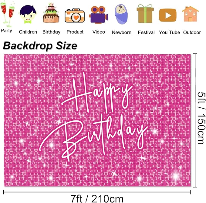 Happy Birthday Decoration for Women Shiny Pink Neon Party Backdrop Glitter Banner for Girl Princess Party Table Wall Decorations Pink Sparkle Birthday Photo Booth Studio Background 7x5ft
