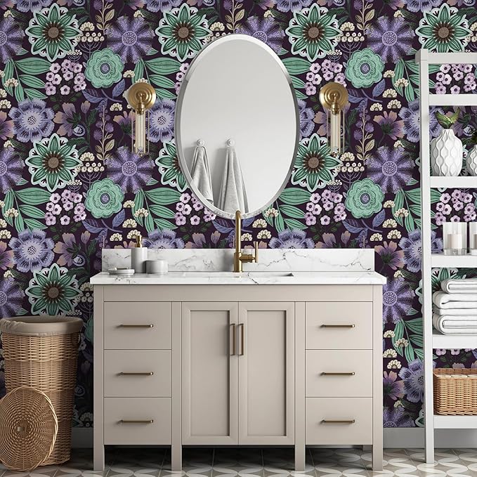 HAOKHOME Boho Peel and Stick Wallpaper Floral Purple Vintage Wall Paper Cottagecore for Bedroom Bathroom Accent Wall 17.3in x 9.8ft