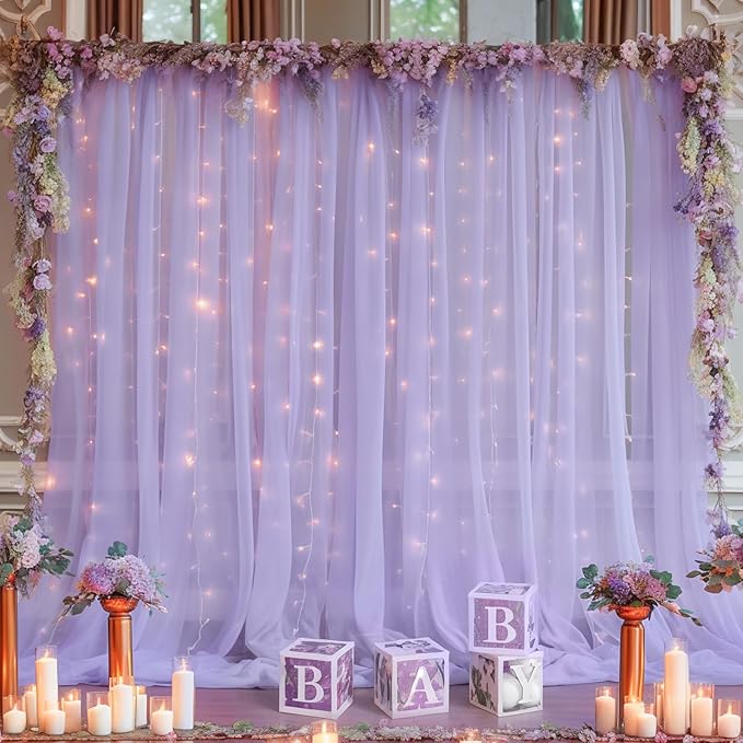 10ft x 10ft Purple Backdrop Curtain with Lights String for Parties, Sheer Tulle Wedding Photo Backdrops Drapes for Baby Shower Birthday Party Decorations Background for Photography