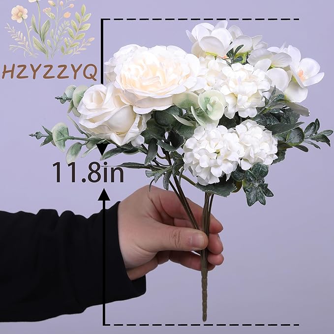 8 Pack Artificial Peony Flowers, Silk Peonies Flowers Fake Peonies Artificial Flowers Peonies Hydrangea Bouquet for Centerpiece Table Wedding Party Home Decor (8, White)