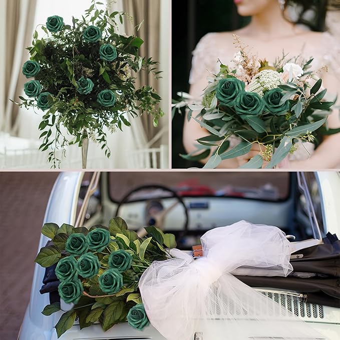 200Pcs Peacock Green Artificial Flowers Roses Real Looking Foam Fake Roses with Leaves for DIY Wedding Bouquets Bridal Shower Party Decorations (Peacock Green, 200)