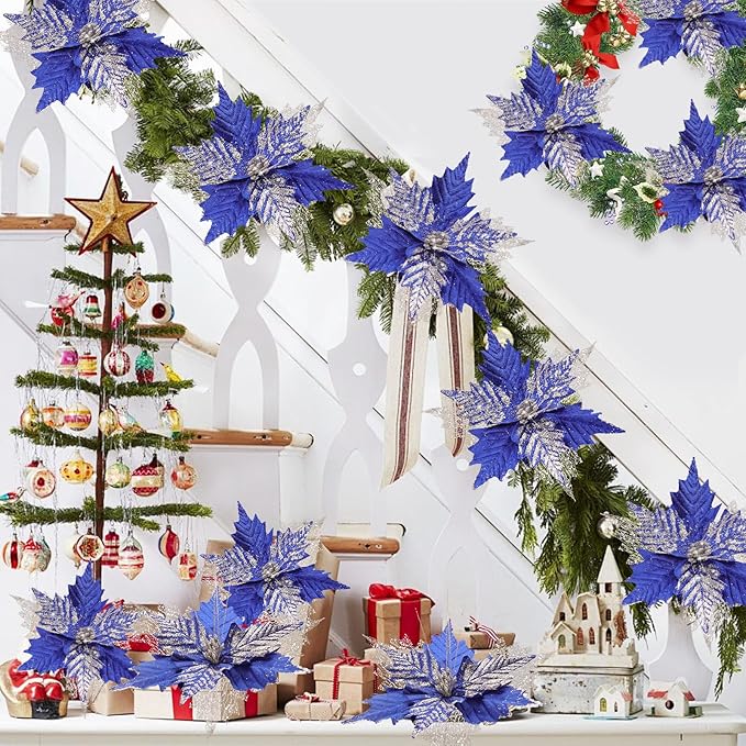 10'' Large Christmas Glitter Poinsettia Flowers Decorations, stadeco 10 Pcs Christmas Tree Picks Ornaments Artificial Flowers with Long Stems for Xmas Tree Wreath Garland Wedding Party DIY Decor