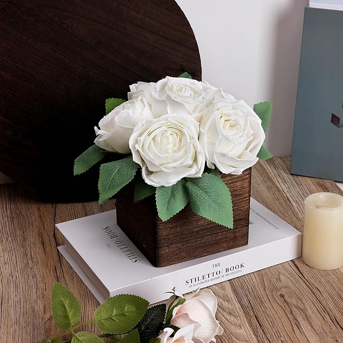 Dining Table Centerpiece Set of 3 - Pre-Made Aritifial Rose with Wooden Vase Fake Floral Arrangment Faux Flower for Wedding Bridal Tea Party Event Decorations - White
