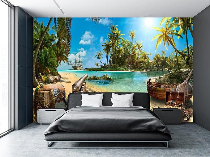 Cliouar-Wall Mural Wallpaper for Bedroom Living Room Wallpaper 3D Wallpaper Decoration Pirate Ship Treasure 103" x 69"(Not Self-Adhesive)
