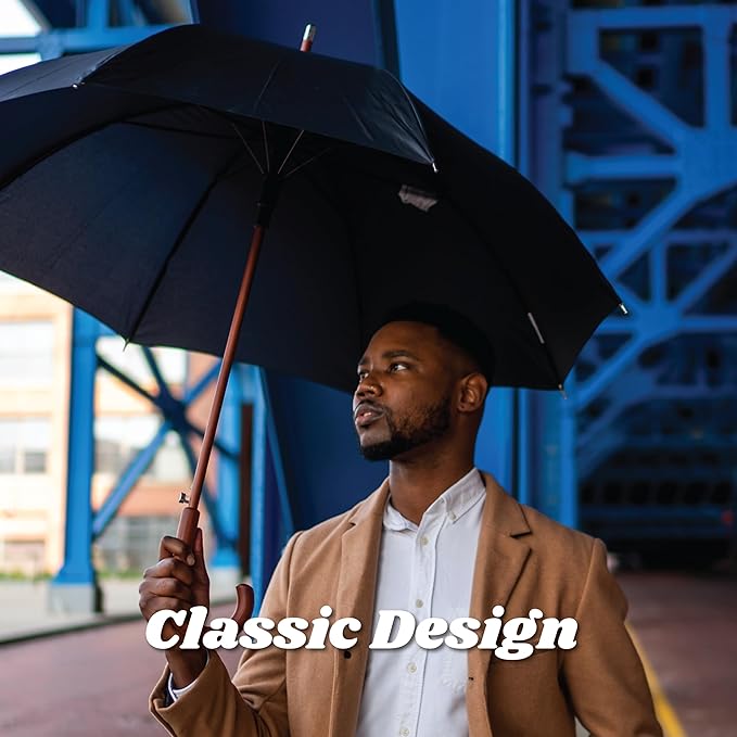 Totes Eco Auto Open Umbrella Classic Wooden J Stick Handle with Easy Grip - Windproof, Rainproof and Durable Canopy Design – Versatile Travel, Perfect for Rainy Days