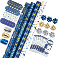 WRAPAHOLIC Hanukkah Wrapping Paper Set - Menorahs, the Star of David, Candles Design Chanukah Wrapping Paper Bundle with Gift Bow & Ribbon & Tag & Sticker