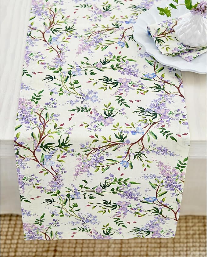 Solino Home Lilacs Floral Print Table Runner 48 inch - 100% Pure Linen Table Runner 14 x 48 Inch - Handcrafted and Machine Washable - Lilacs/Off White Print