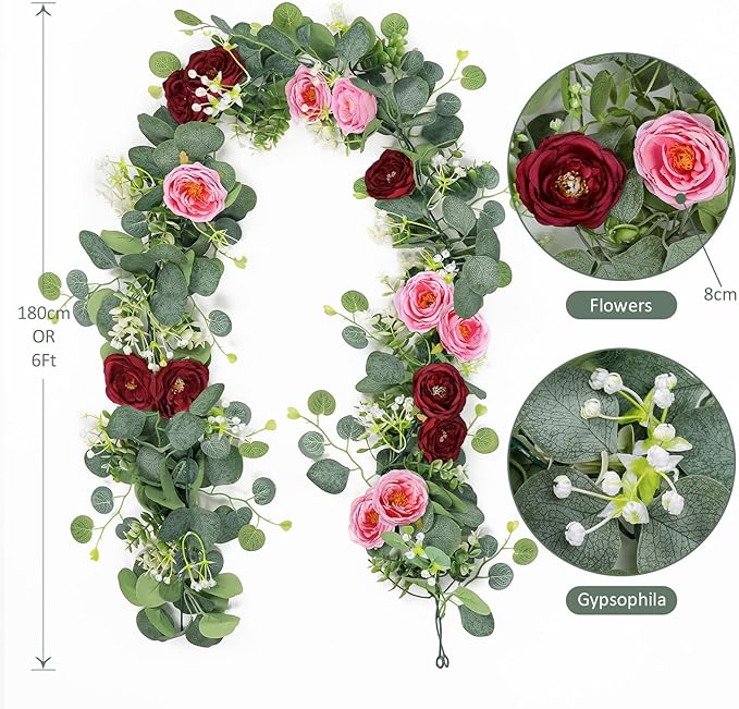 TOCHGREEN 2 Pack 13Ft Artificial Eucalyptus Flower Garland with Red Pink Roses, Fake Rose Flower Greenery Garland Floral Vines for Wedding Home Party Table Runner Decor (Red Pink, 2PCS)