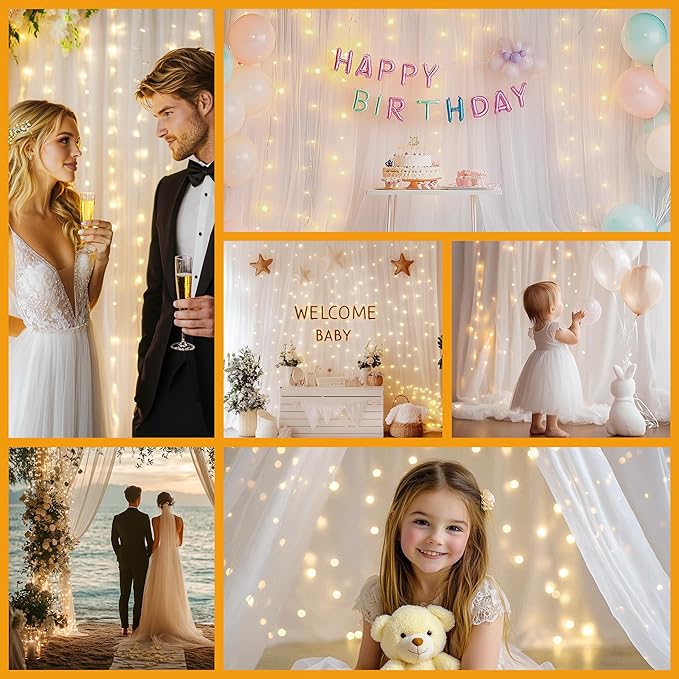 Tulle Curtain Backdrop with 300 LED Fairy Lights for Parites Wrinkle-Free Sheer Curtain Drapes Photo Back Drop for Wedding Baby Shower Bridal Shower Birthday Dance Home Décor- 10ft×10ft, White