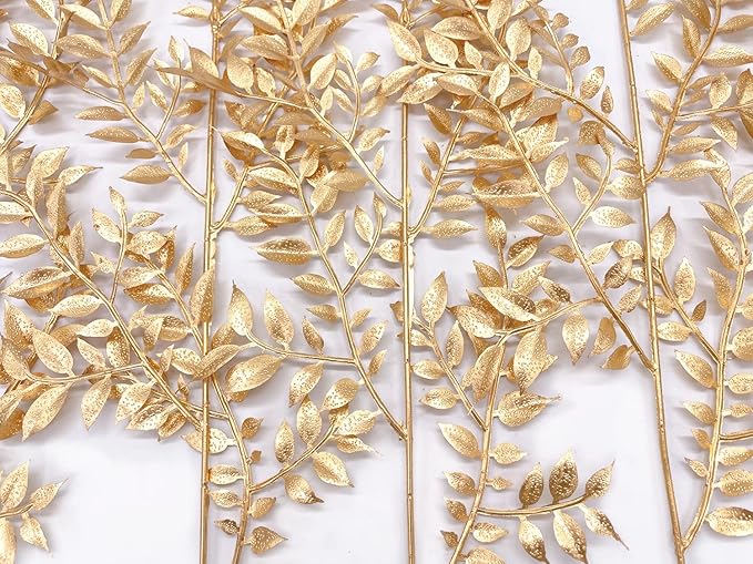 Fake Plants Leaves Christmas Decoration, PASYOU Gold Artificial Shrubs Grass Foliage Plastic Bulk Leaf Indoor Outdoor Home Garden Party Hotel Verandah Wedding Event Faux Decor Ornaments, Golden 5 Pack