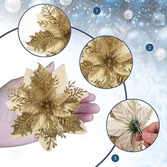 24Pcs Christmas Poinsettia Artificial Flowers and Glitter Berries Kit, 2 Styles Total 16Pcs Christmas Tree Flowers Ornaments, 8Pcs Christmas Tree Picks for Wedding Holiday Decorations, Gold